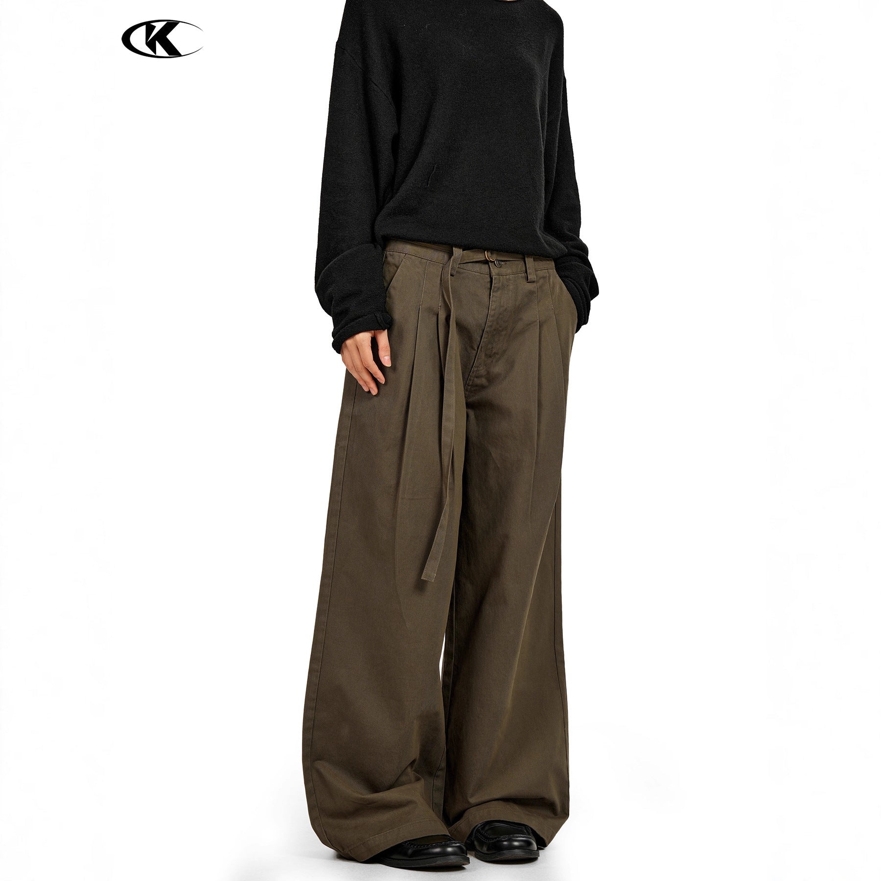 11KN American Retro Coffee Green Pleated Wide-Leg Pants