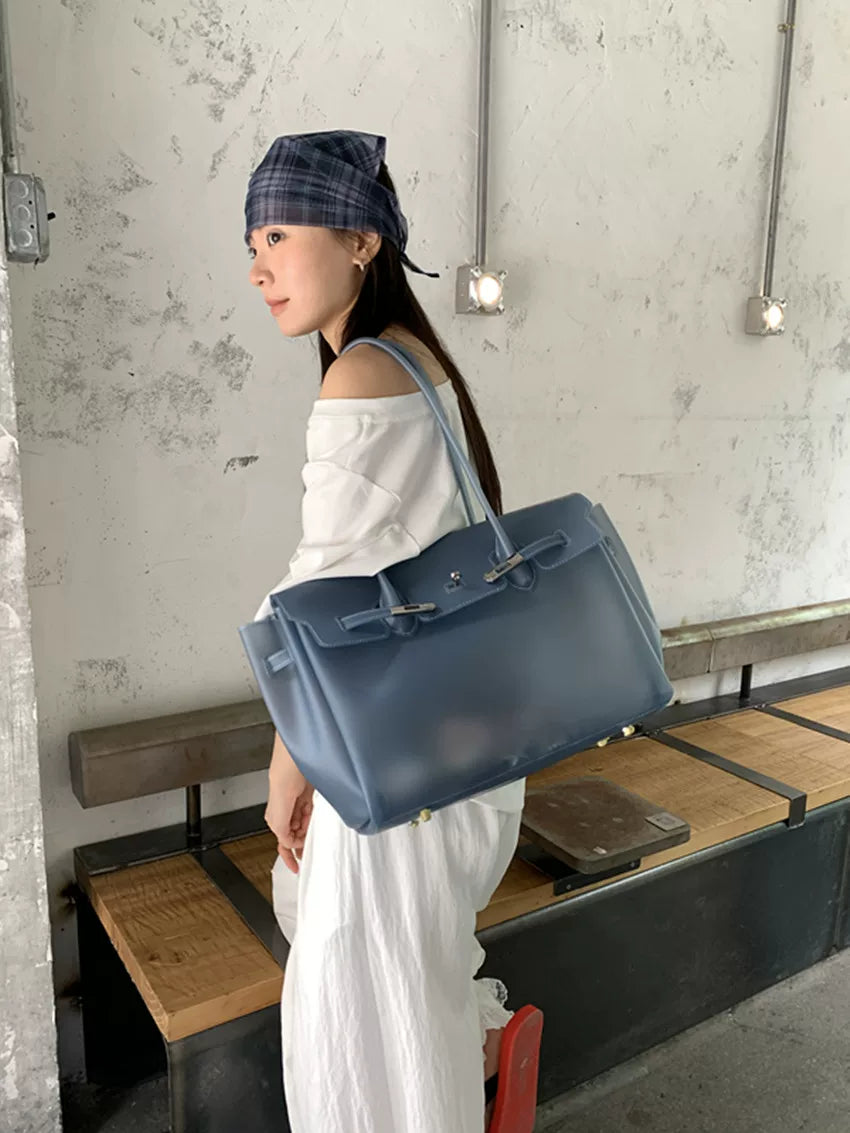 Fat*2 Semi-Transparent Faux Leather Buckle Top-Handle Bag