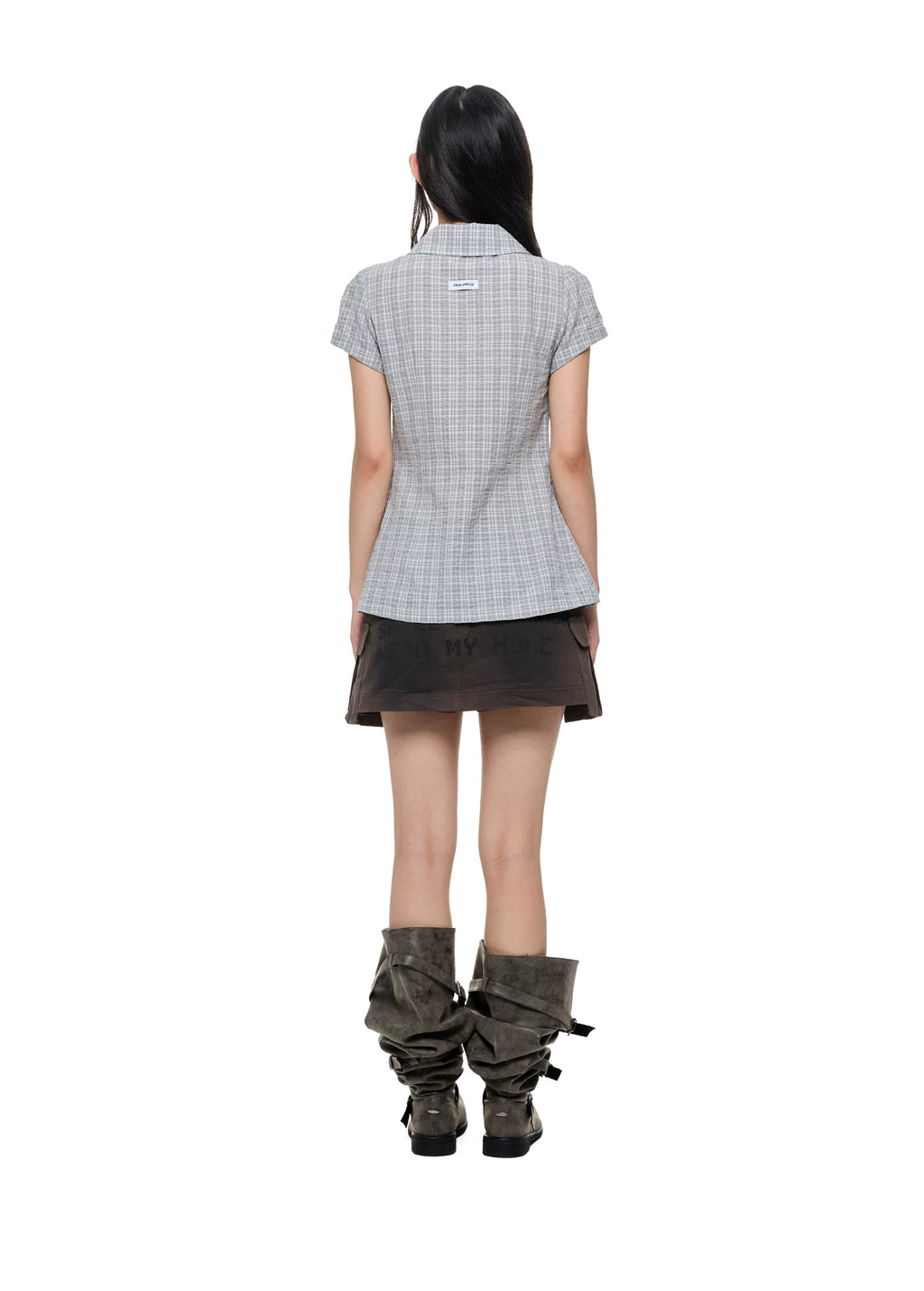 JIKOO Splicing Doll Collar Plaid Shirt Tee