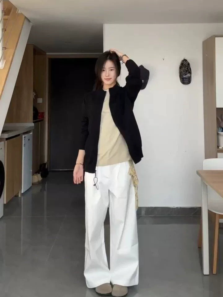 TumBlerine Stand-up Collar, Old Money Style, Wool Zip-up Cardigan 100% Cotton Jacket