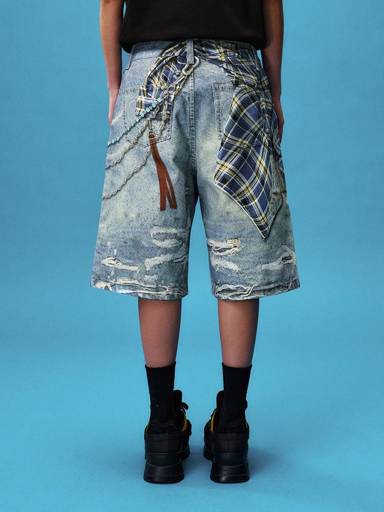 YADcrew Plaid Chain Print Mid-Rise Denim Shorts