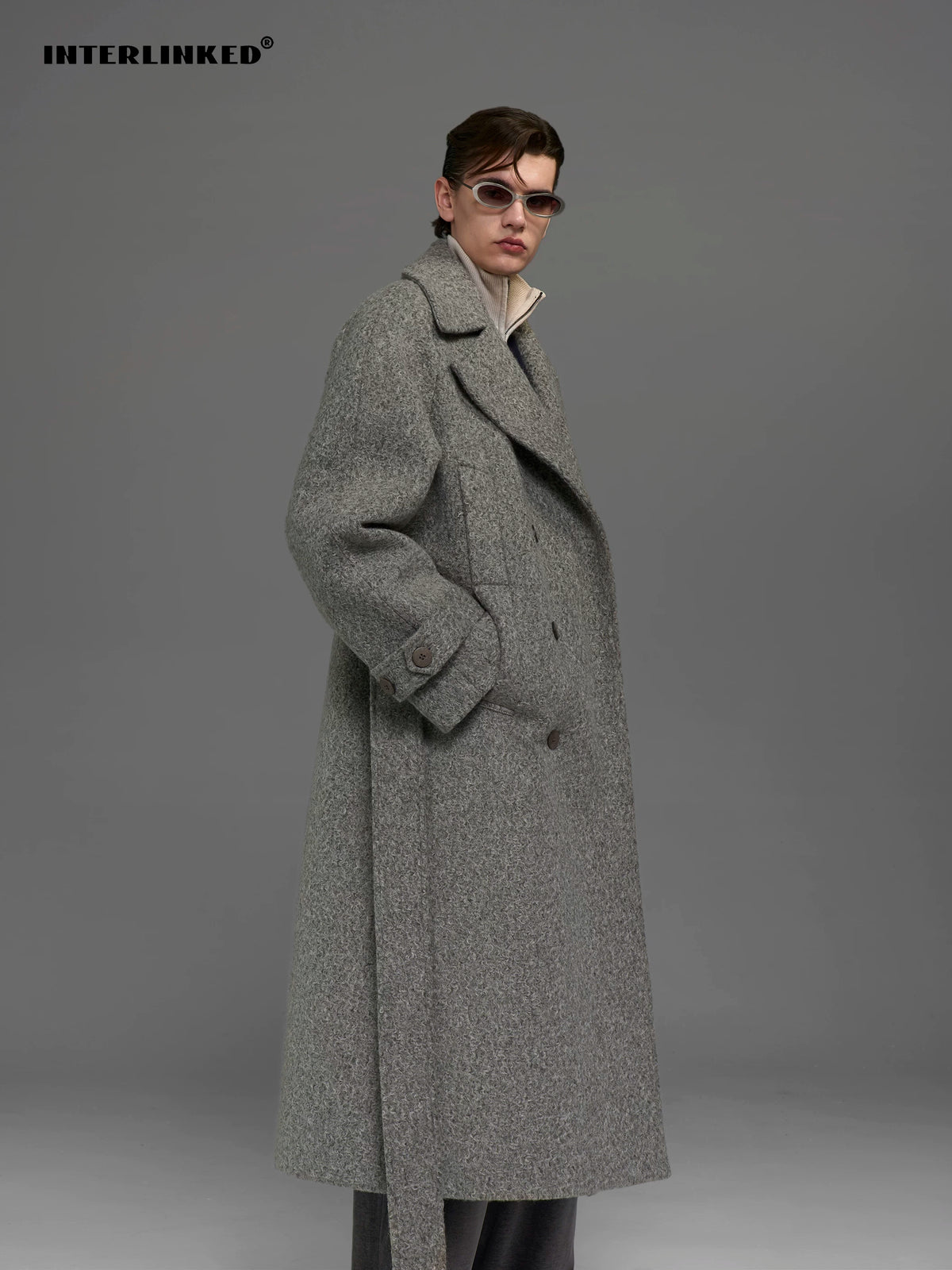 INTERLINKED Plaid Wool Double-Breasted Long Coat