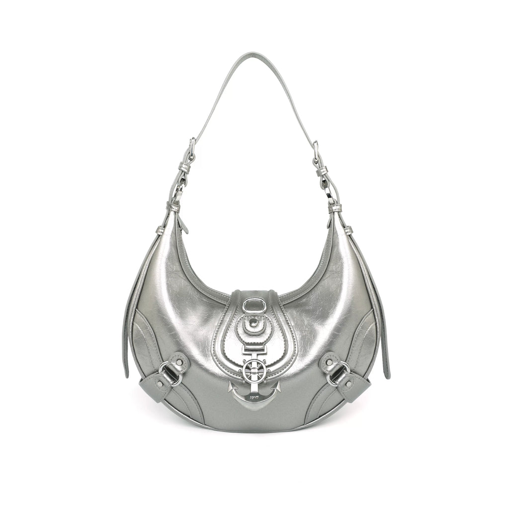 VFVF Silver Faux Leather Zip-Top Crescent Shoulder Bag