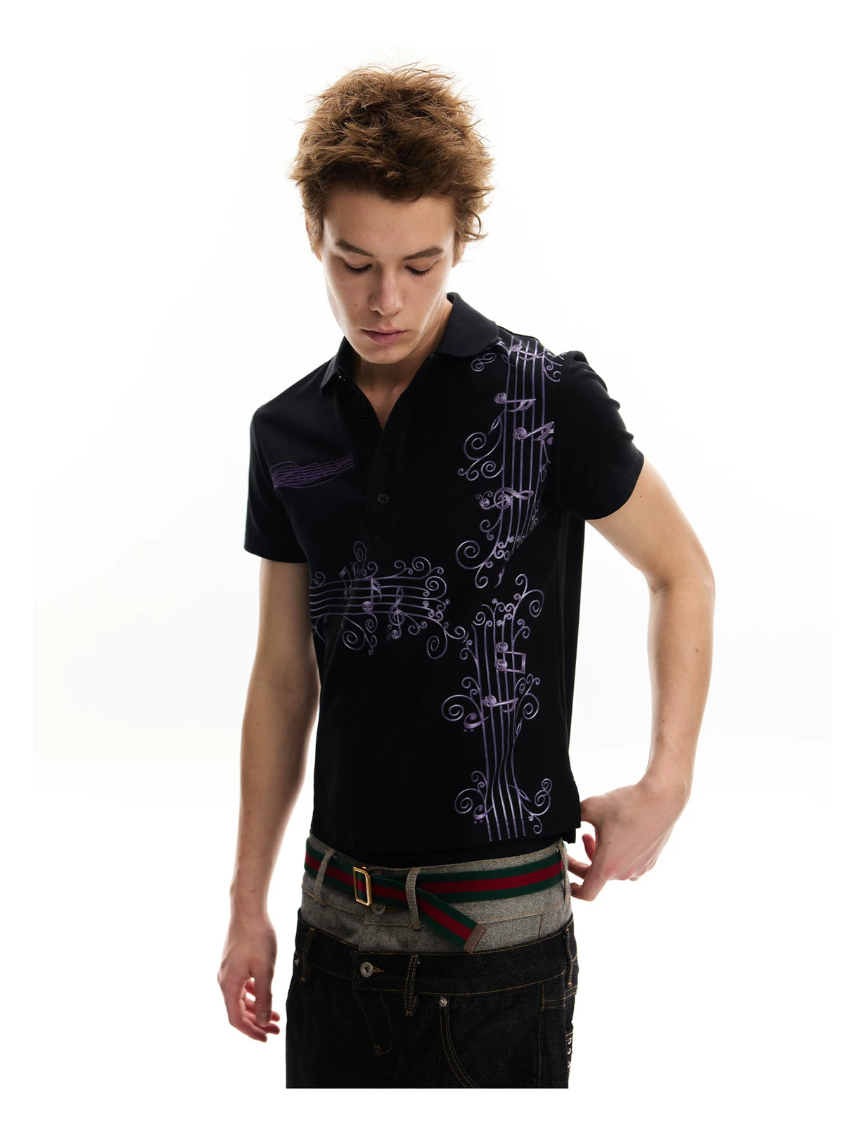 No E Mosen Purple Vine Music Note Print Casual Tee