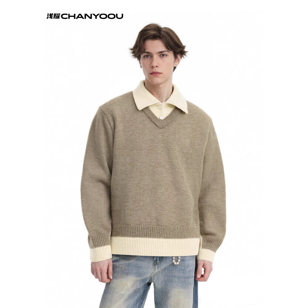 CHANYOOU Retro Color Matching Fake Two-piece POLO Neck Knitted Sweater