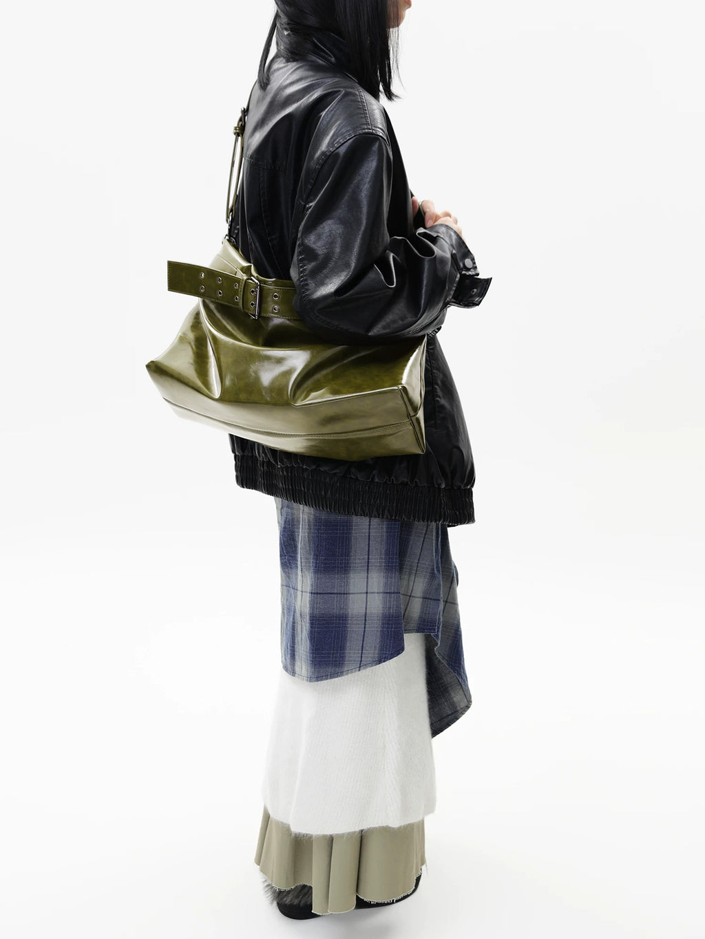 JANDRESS Olive Green Faux Leather Zip-Top Tote