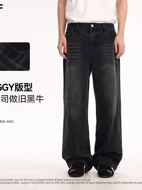 UNF 13.5oz Blockbuster Washed Old Cat Whiskers Baggy Bull Wide Leg Black Jeans