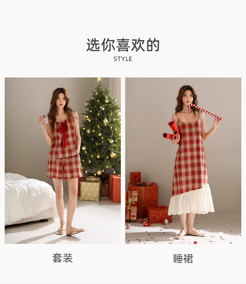 Yuenei Casual Plaid Nightdress with Chest Pad
