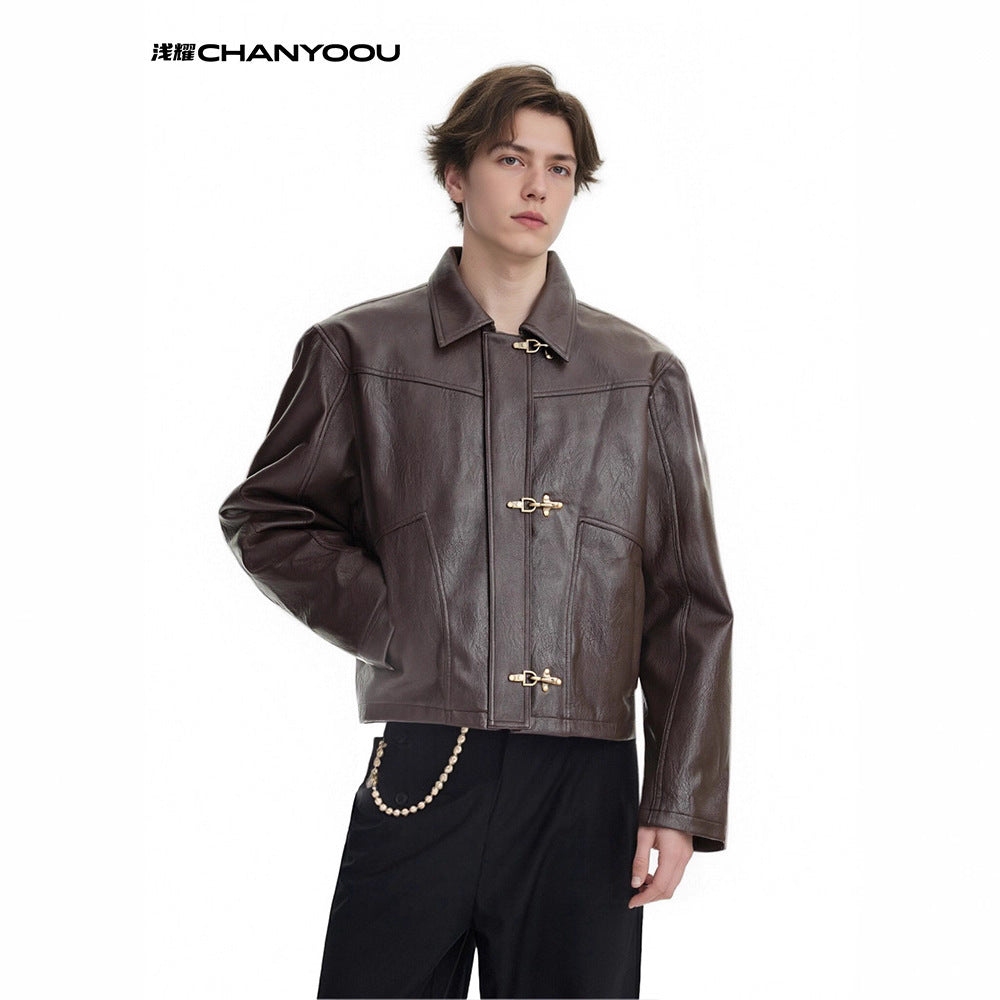 CHANYOOU Retro Short Front Shoulder Leather Jacket