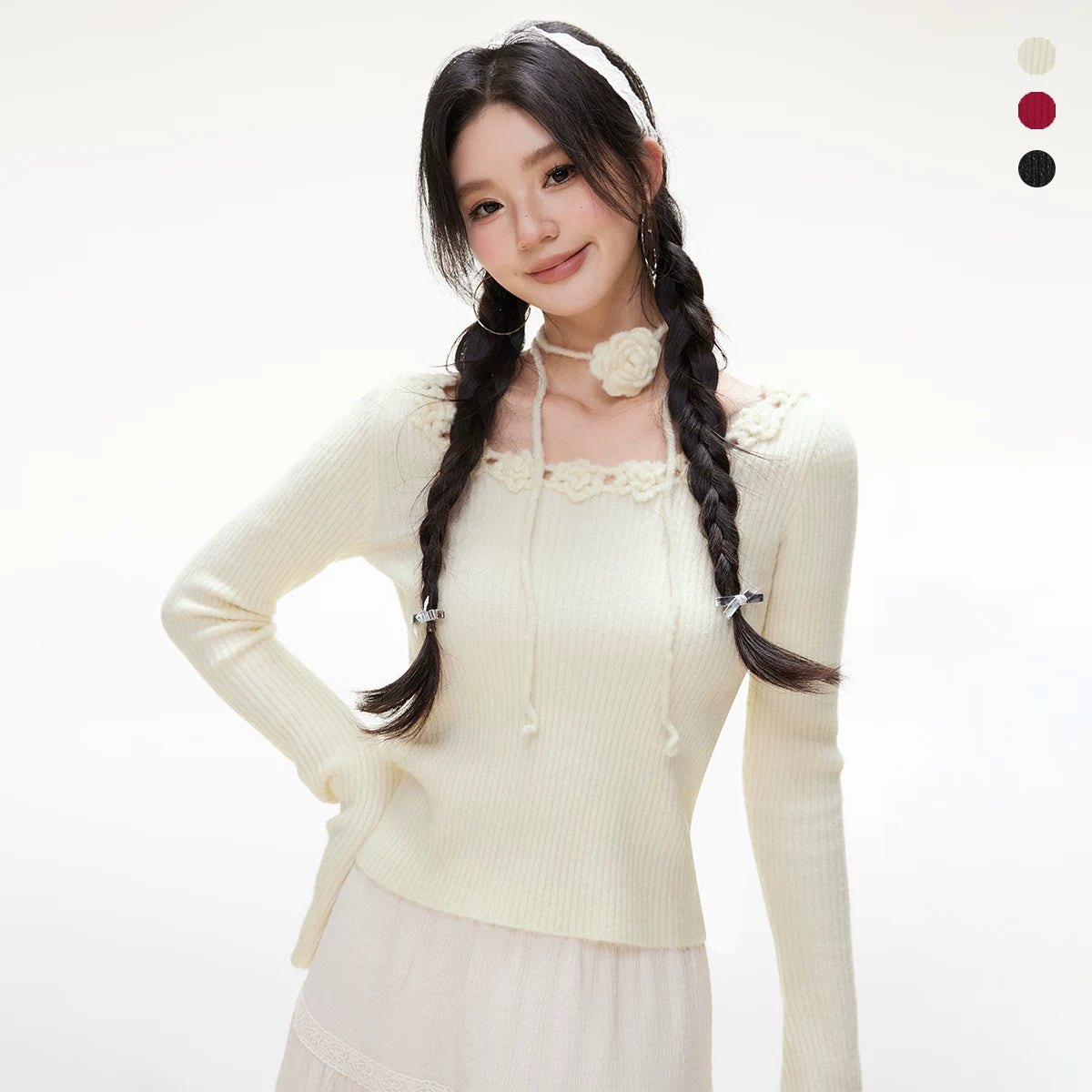 Imone U Neckline Three-dimensional Rose Decorative Long Sleeve