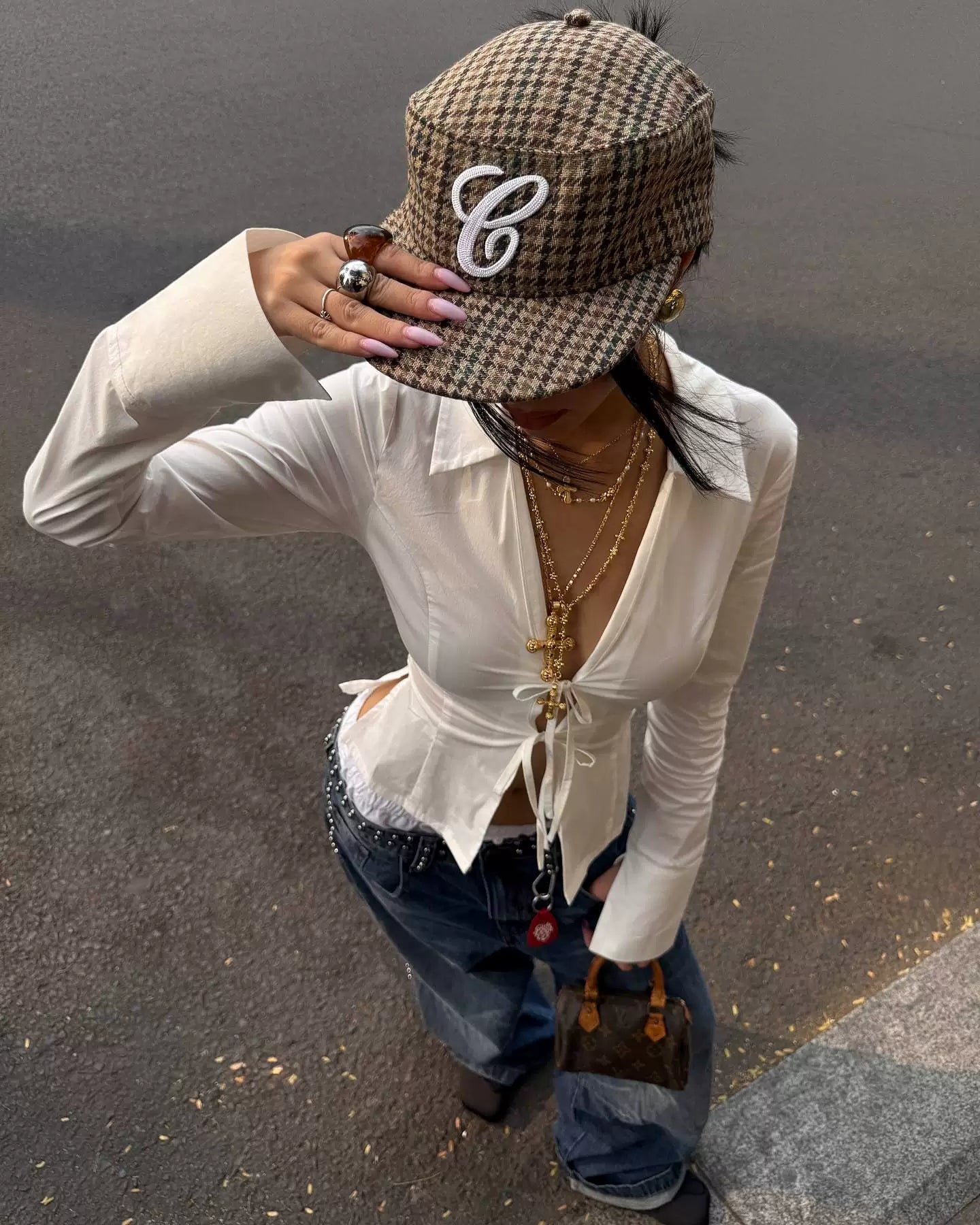 6CRAYON Houndstooth Cotton Flat Top Embroidered Baseball Cap
