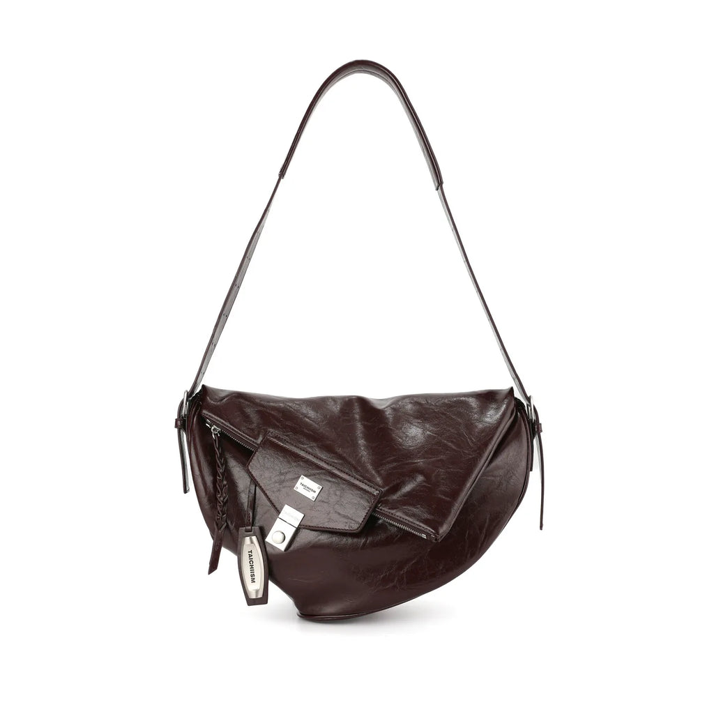 TAICHIISM Waxy Distressed Faux Leather Fold-Over Crossbody Bag