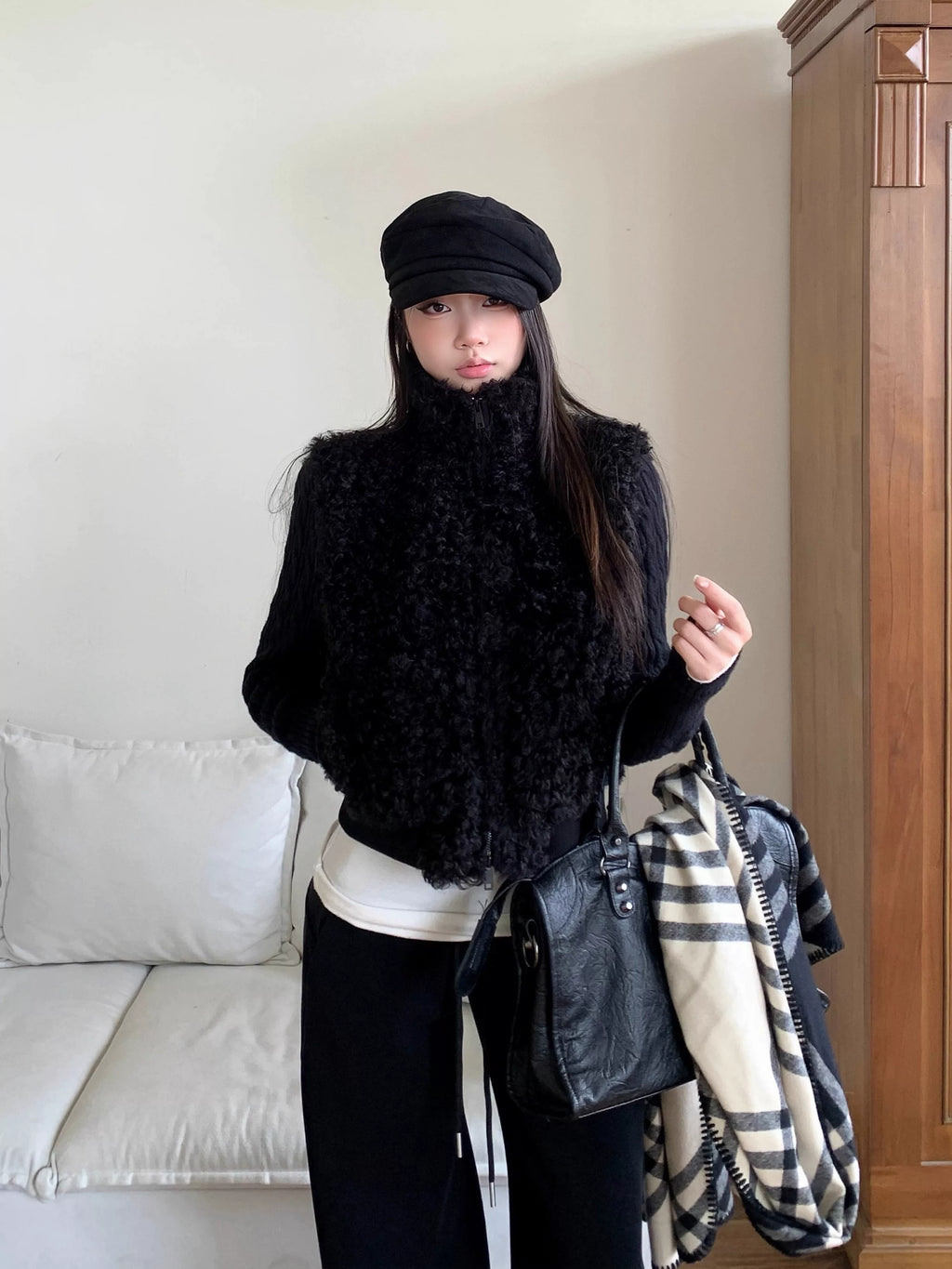 WITHMIN Low-rise Loose-fitting Fleece Straight-leg Wide-leg Pants