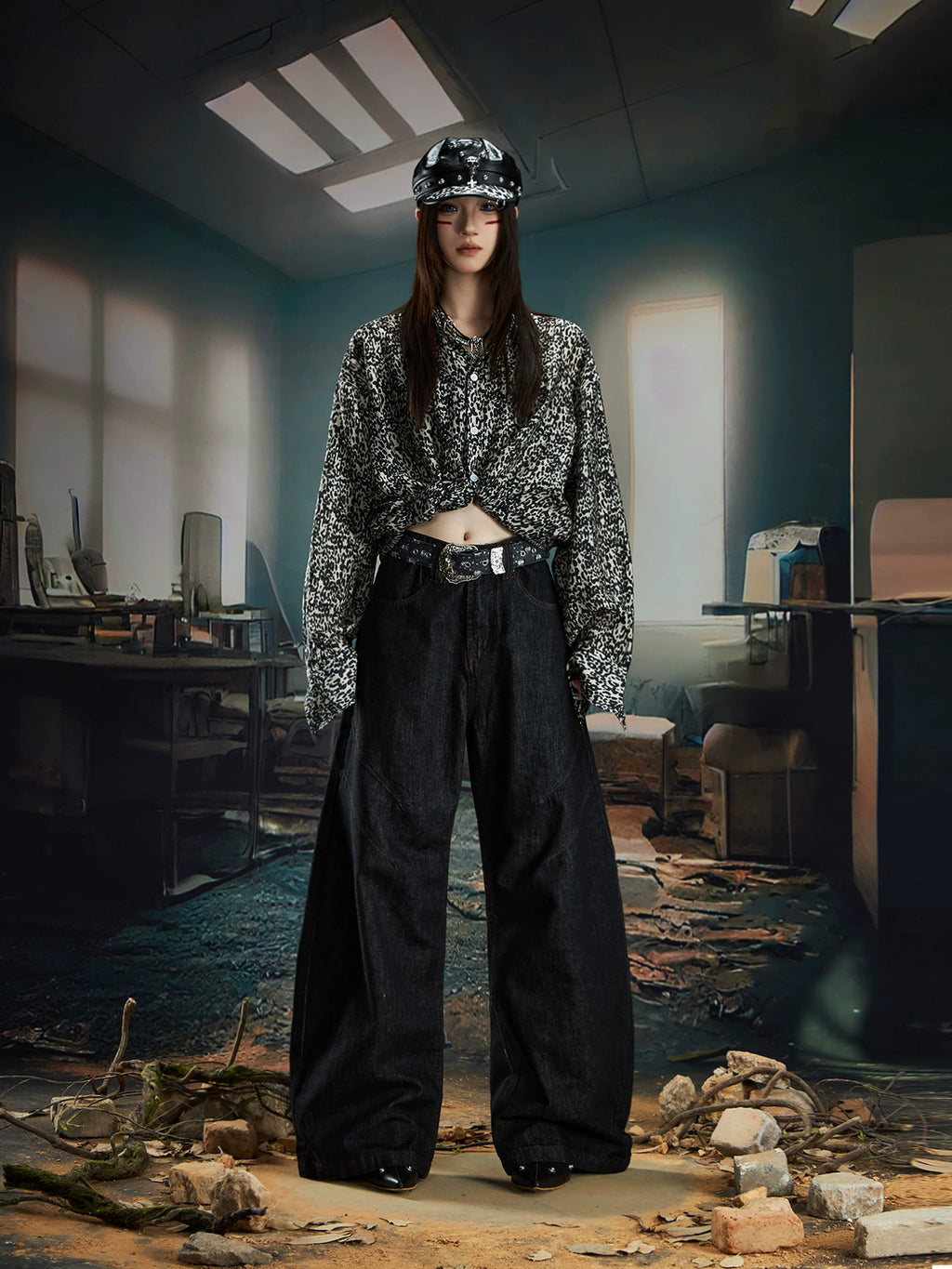 NOMANIAI Versatile Bright Line Loose Wide-leg Scimitar Jeans
