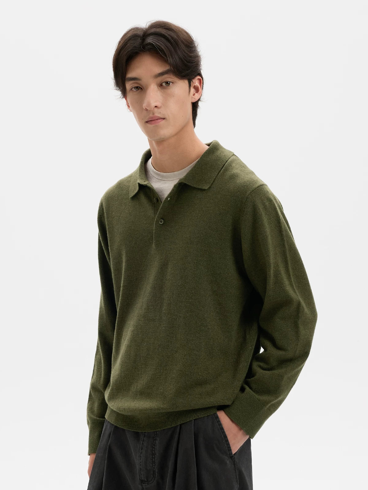 BUTTBILL Knit Wool-Blend Shell-Button Long-Sleeve Polo