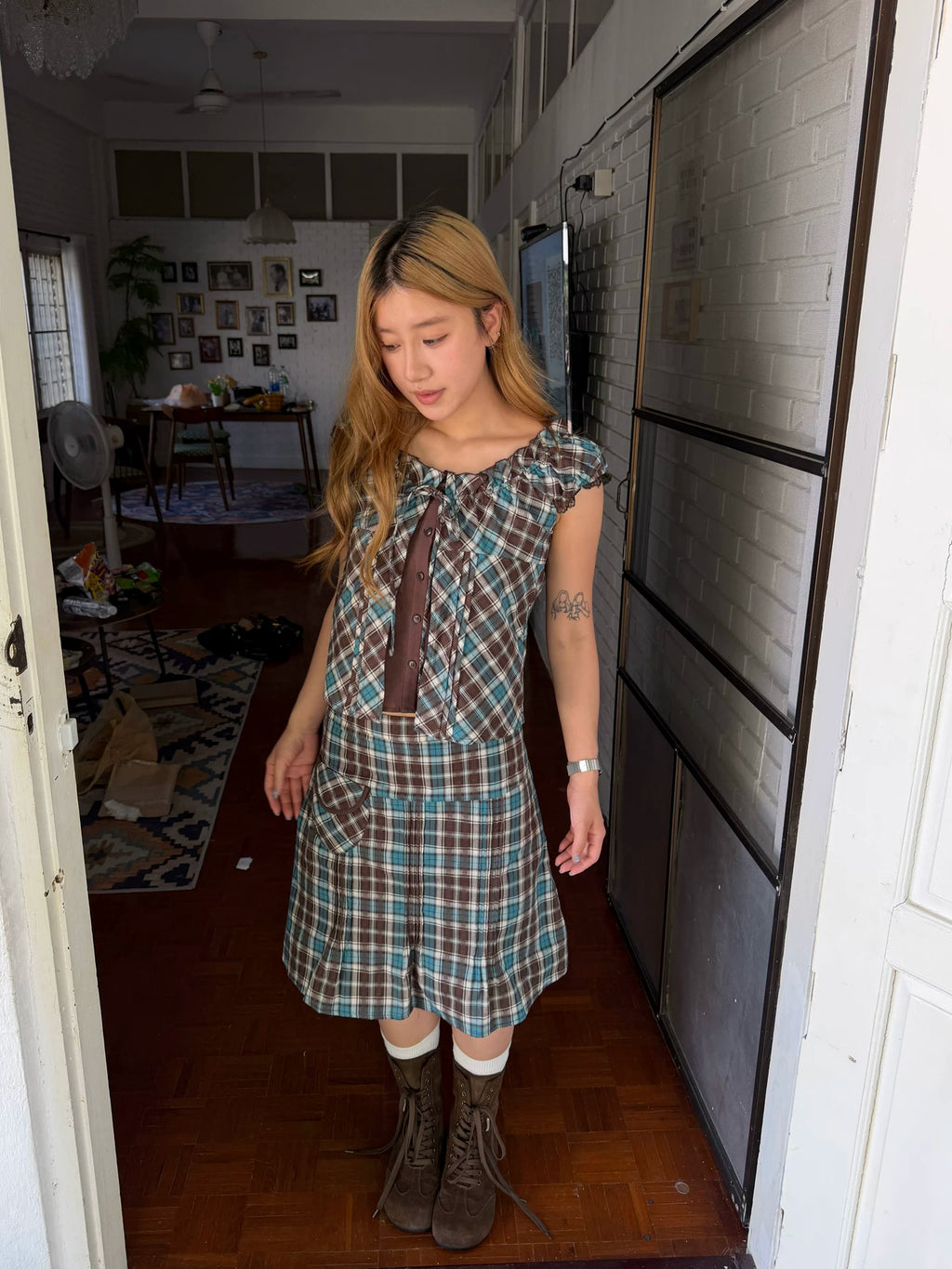 CCYE Plaid Faux-Layered Colorblock Cropped Tank Top