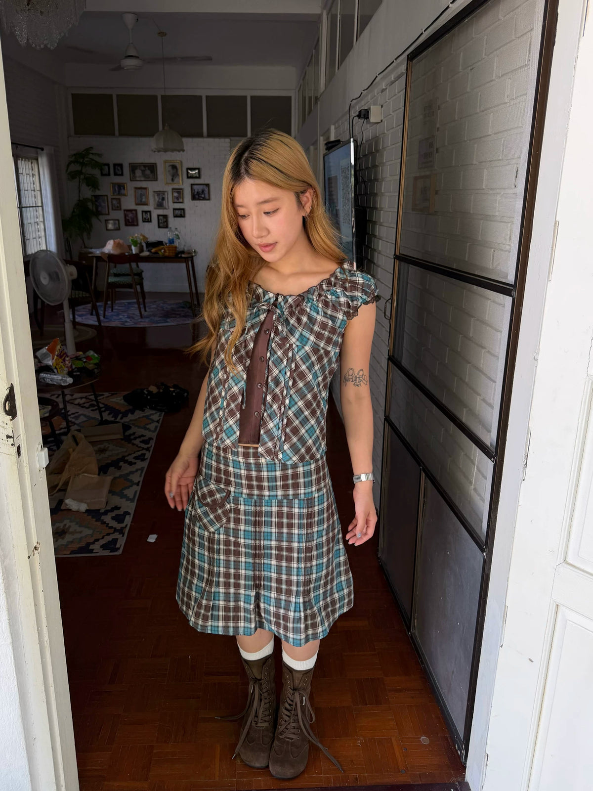 CCYE Plaid Faux-Layered Colorblock Cropped Tank Top