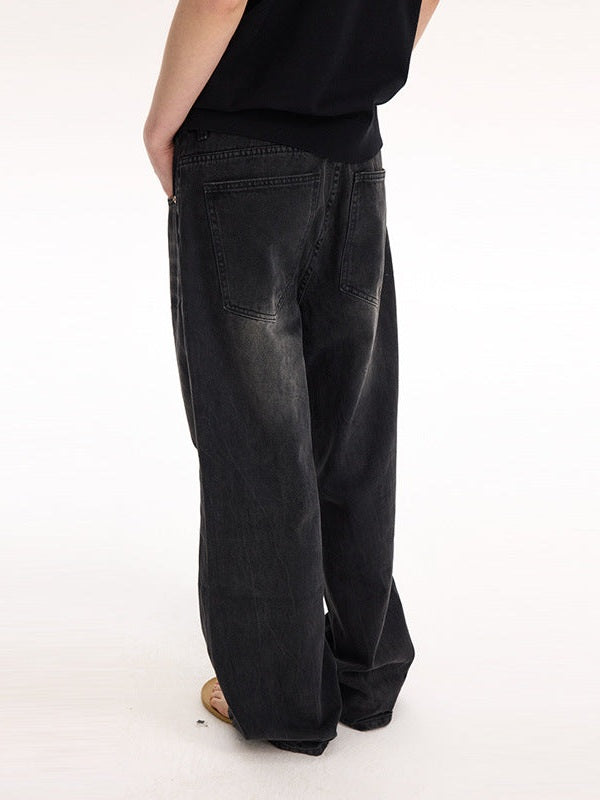UNF 13.5oz Blockbuster Washed Old Cat Whiskers Baggy Bull Wide Leg Black Jeans