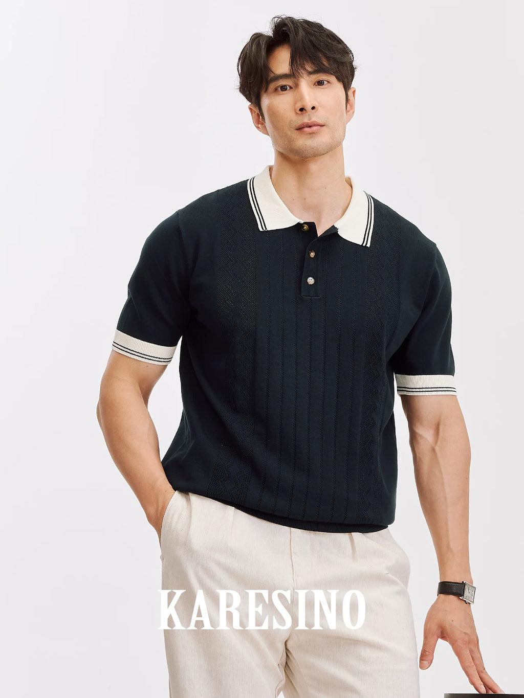KARESINO Striped Cool-Touch Knit Polo Shirt