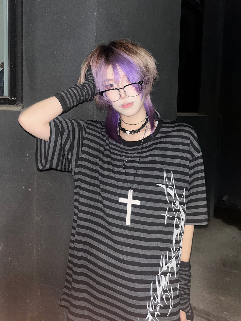 Wetbody Striped Casual Loose Tee