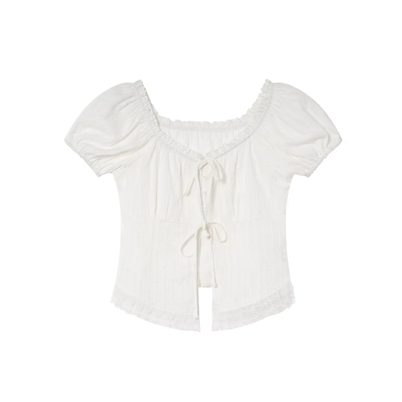KANO Lace-Trimmed Tie-Front Blouse