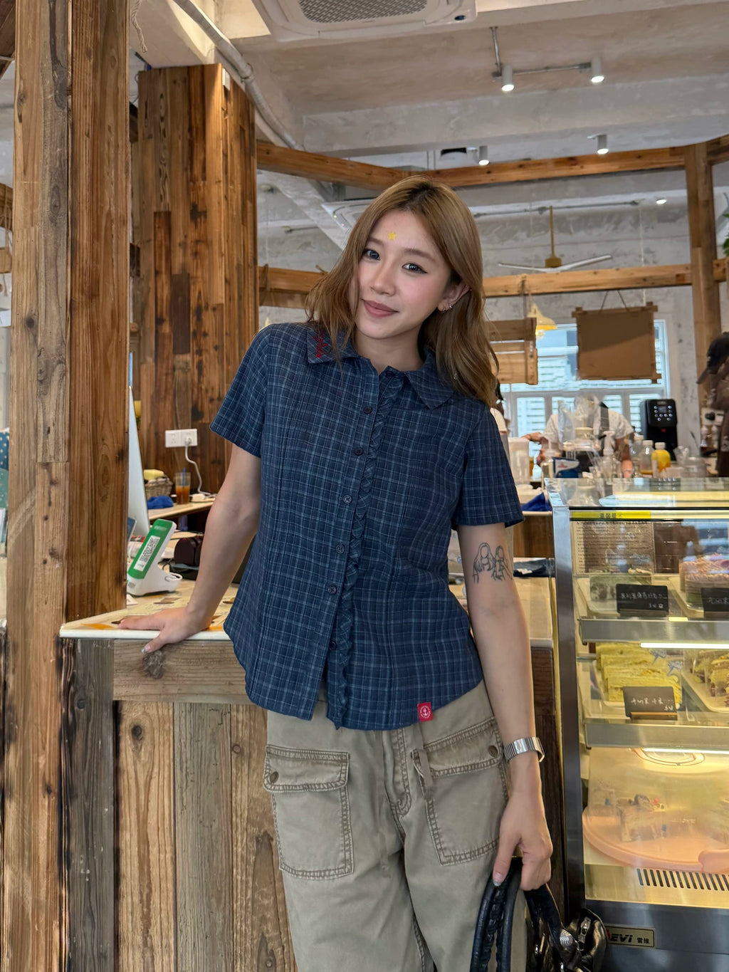 CCYE Plaid Cropped Embroidered Lace Shirt
