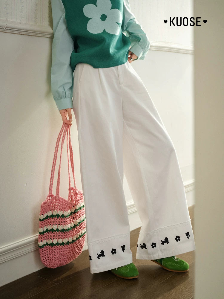 KUOSE Lace-embroidered Straight Wide-leg Pants