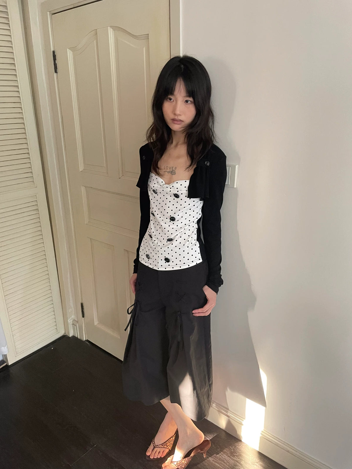 LooseSmell Polka Dot Butterfly Faux Two-Piece Slim Fit Top