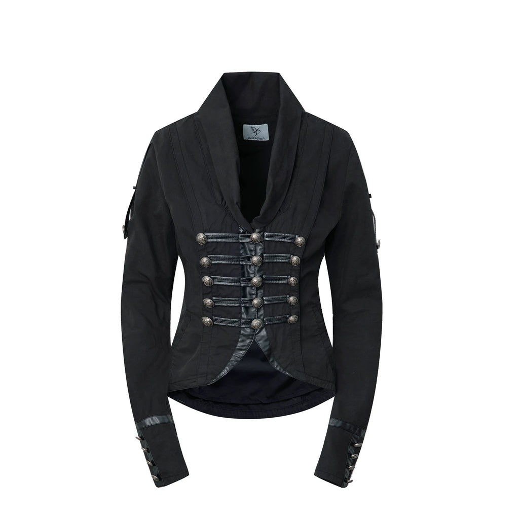 DoublePunch Knight-Style Patchwork Leather Washed Cotton Cropped Jacket