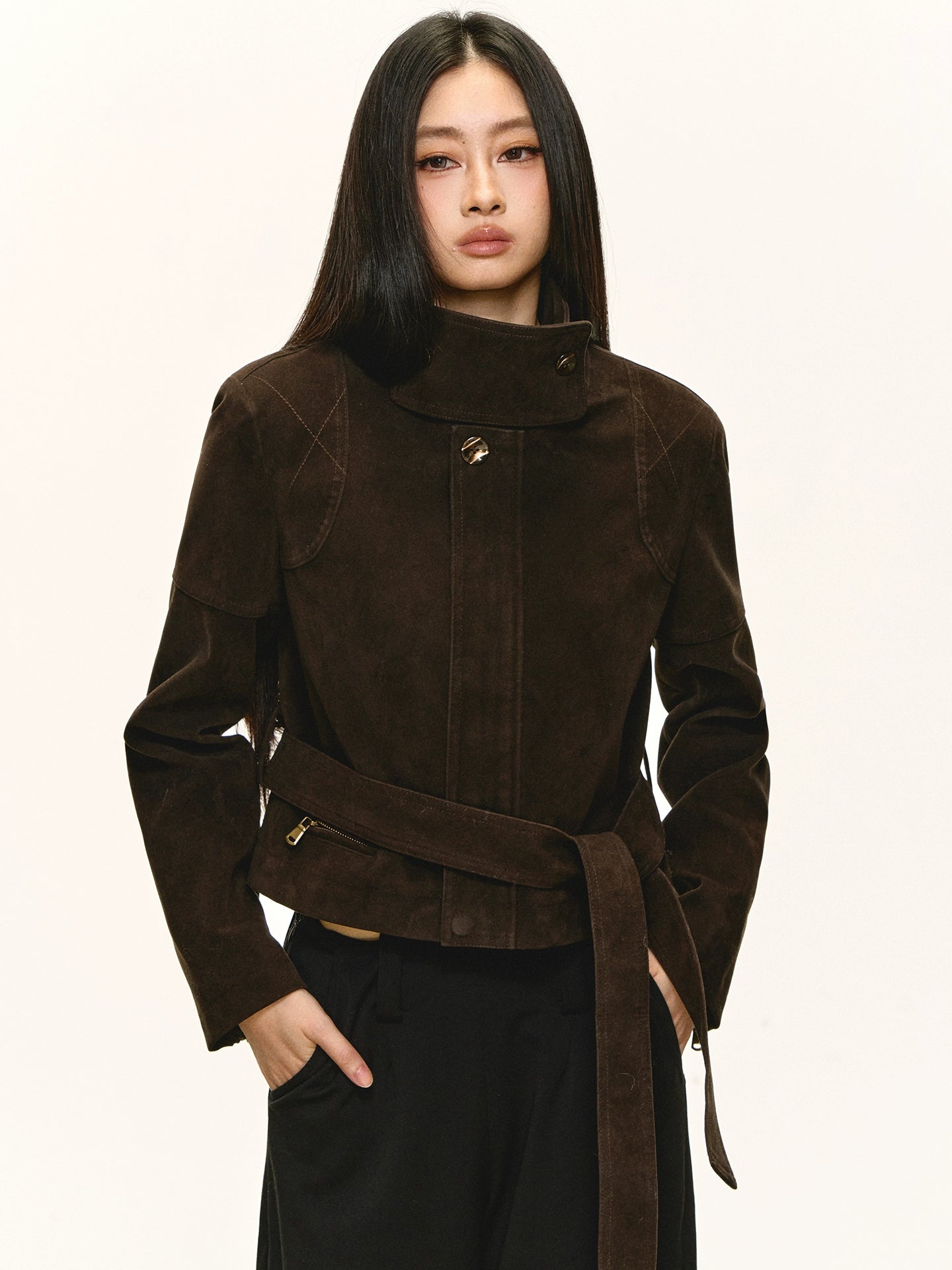Anna Aneae Stand-up Collar Suede PU Jacket