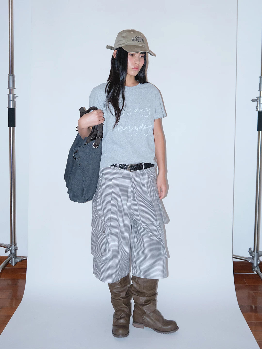 FUNKYFUN Plaid Multi-pocket Wide-leg Six-point Pants