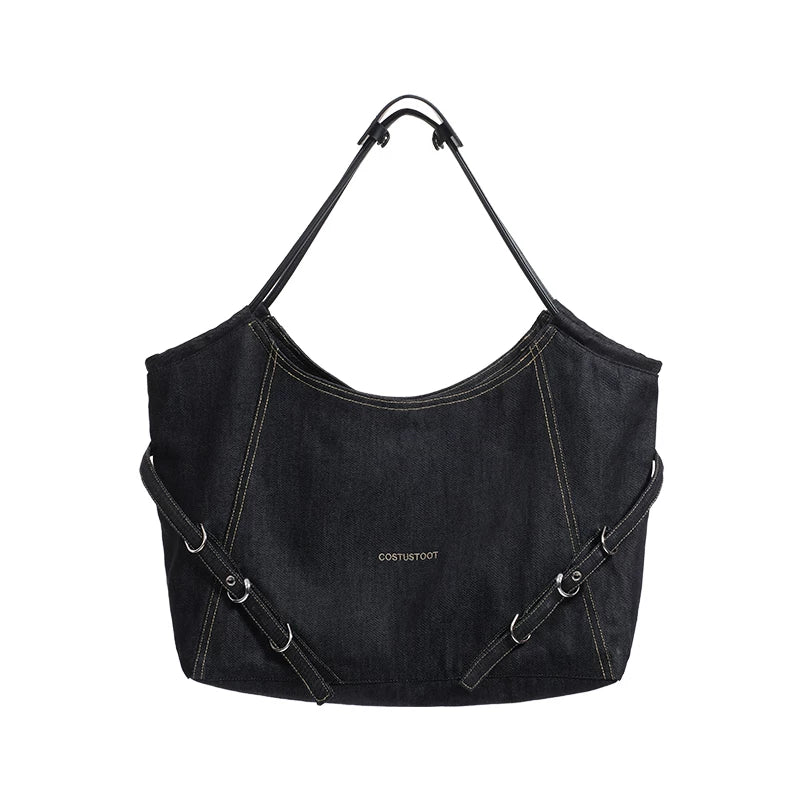 COSTUSTOOT Black Denim Magnetic Snap Shoulder Bag