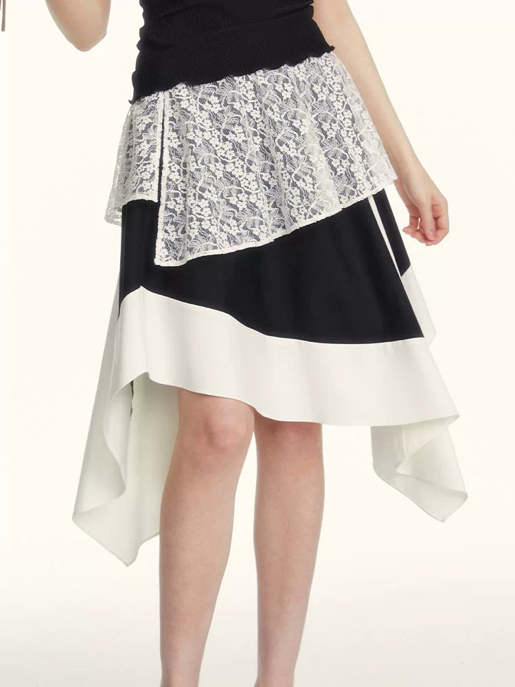 SUREENOUGH Vintage Lace Stitching Irregular Skirt