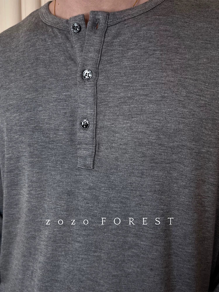 ZOZO FOREST Relaxed Button Soft Lightweight Henry Neck Long Sleeve Sweatshirt