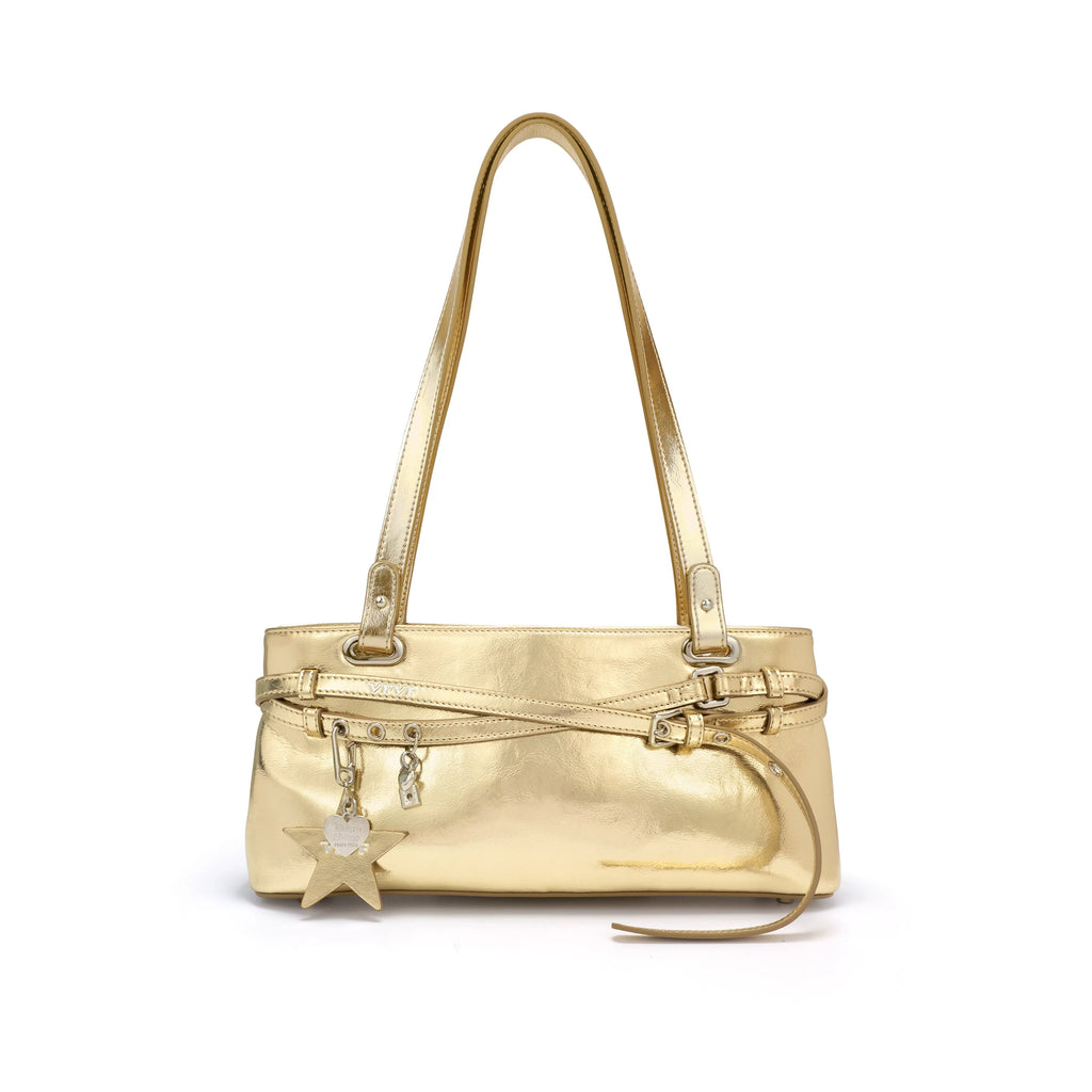 VFVF Gold Faux Leather Zip-Top Shoulder Bag