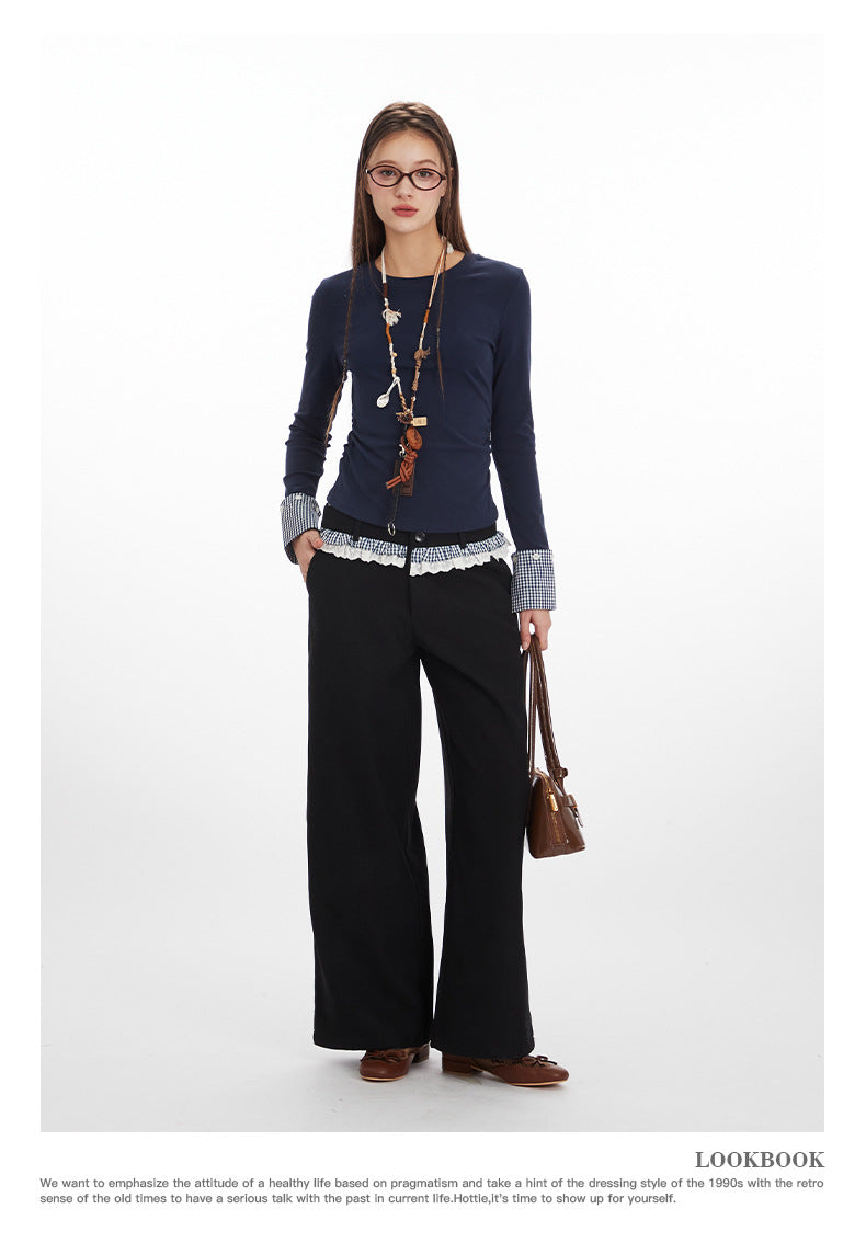 Nariele Waist Wrinkle Stitching Contrasting Color Slim Long Sleeve
