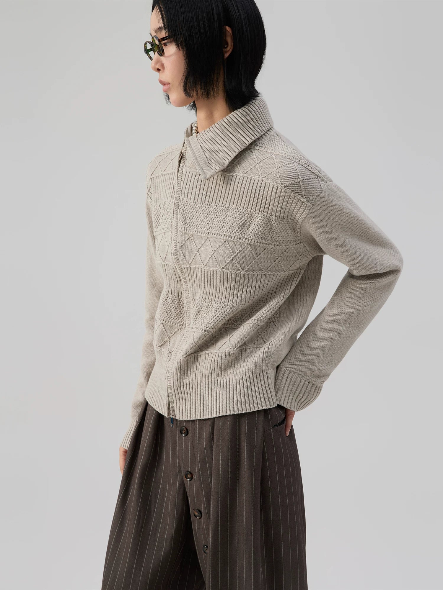 Sameuoo Slanted Placket Turtleneck Knitted Cardigan