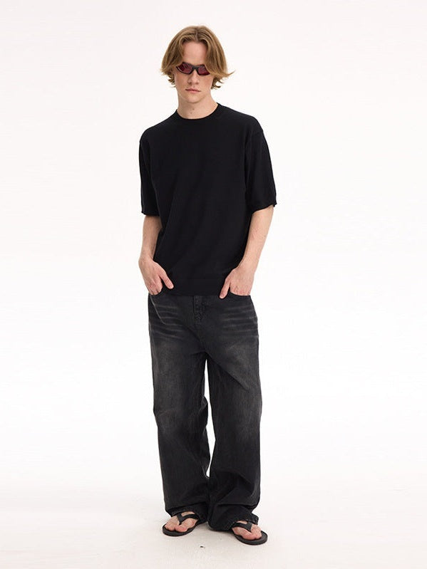 UNF 13.5oz Blockbuster Washed Old Cat Whiskers Baggy Bull Wide Leg Black Jeans