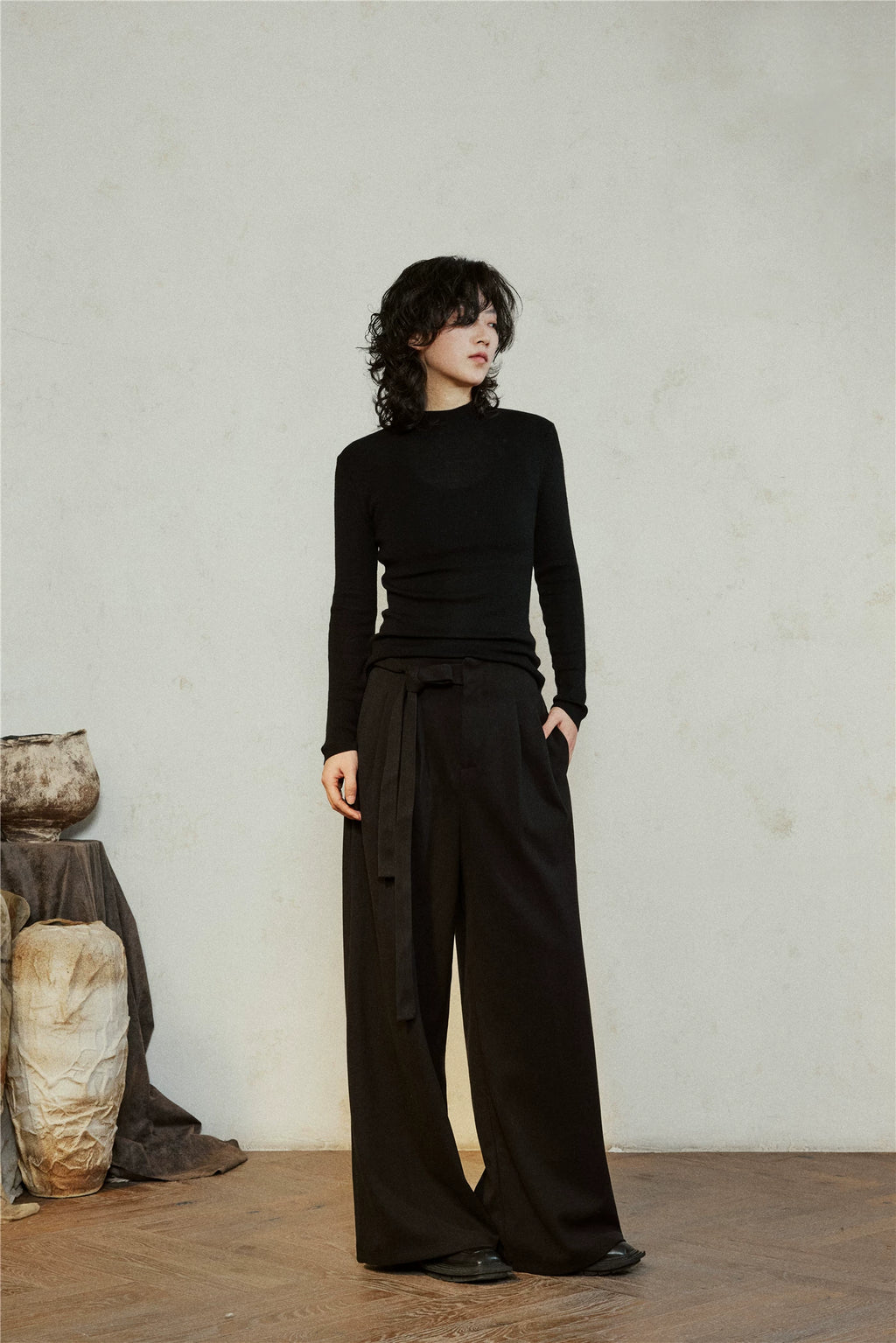 SUNYVONNE Minimalist Lazy Style Lace-Up Wide Leg Pants