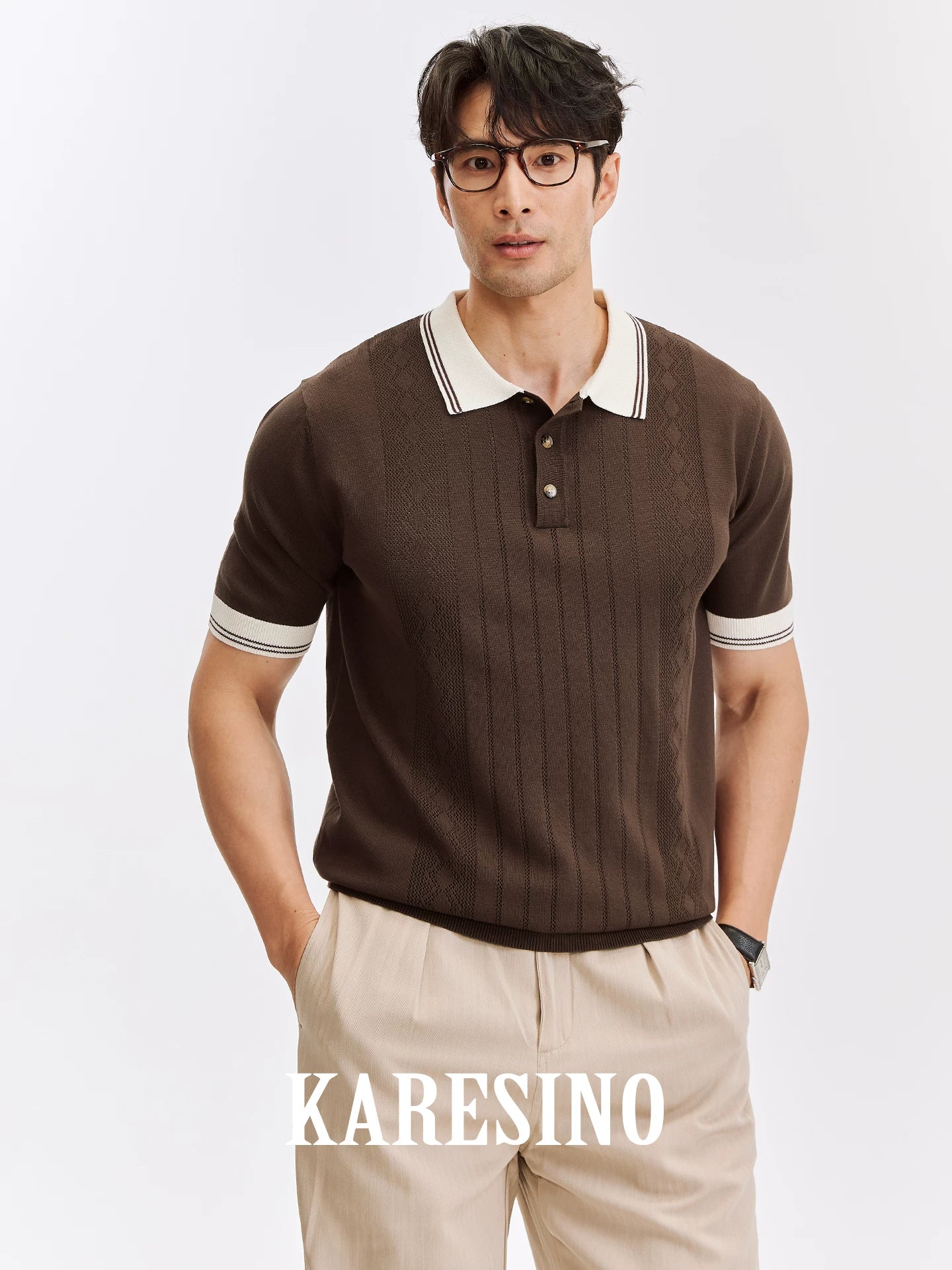 KARESINO Striped Cool-Touch Knit Polo Shirt
