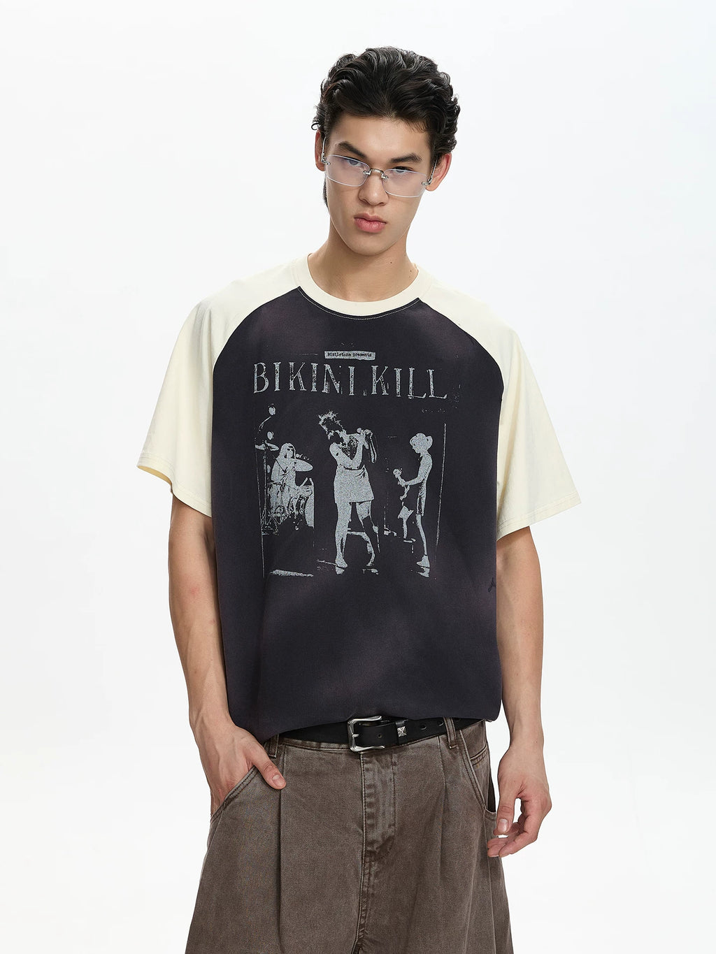 A PUEE Vintage Portrait Printed Ragged Sleeve Tee