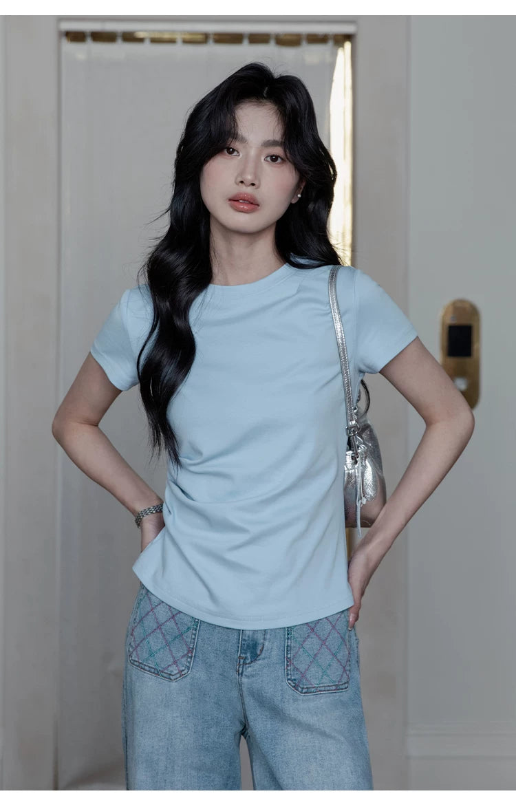 XUJING Crew Neck Shoulder Versatile Skinny Tee