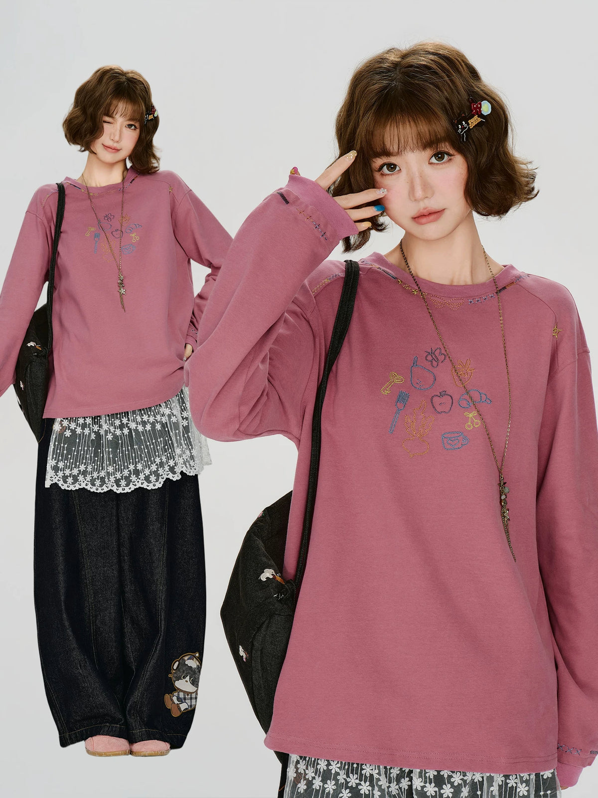 Girlyhalo American Vintage Embroidered Loose Sweatshirt