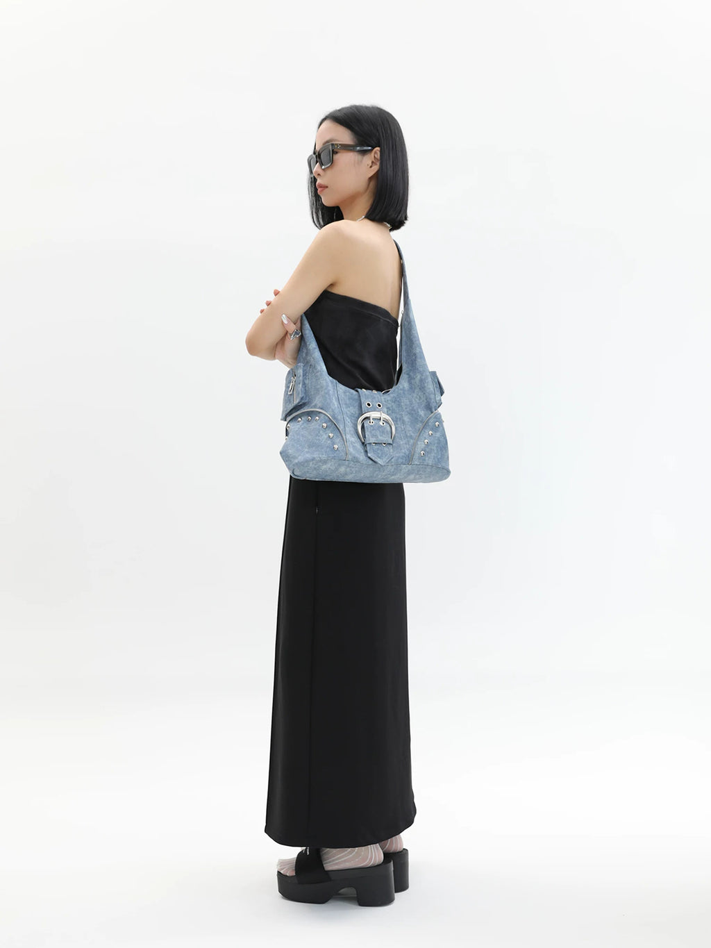 JANDRESS Blue Faux Leather Zip-Top Crossbody Bag