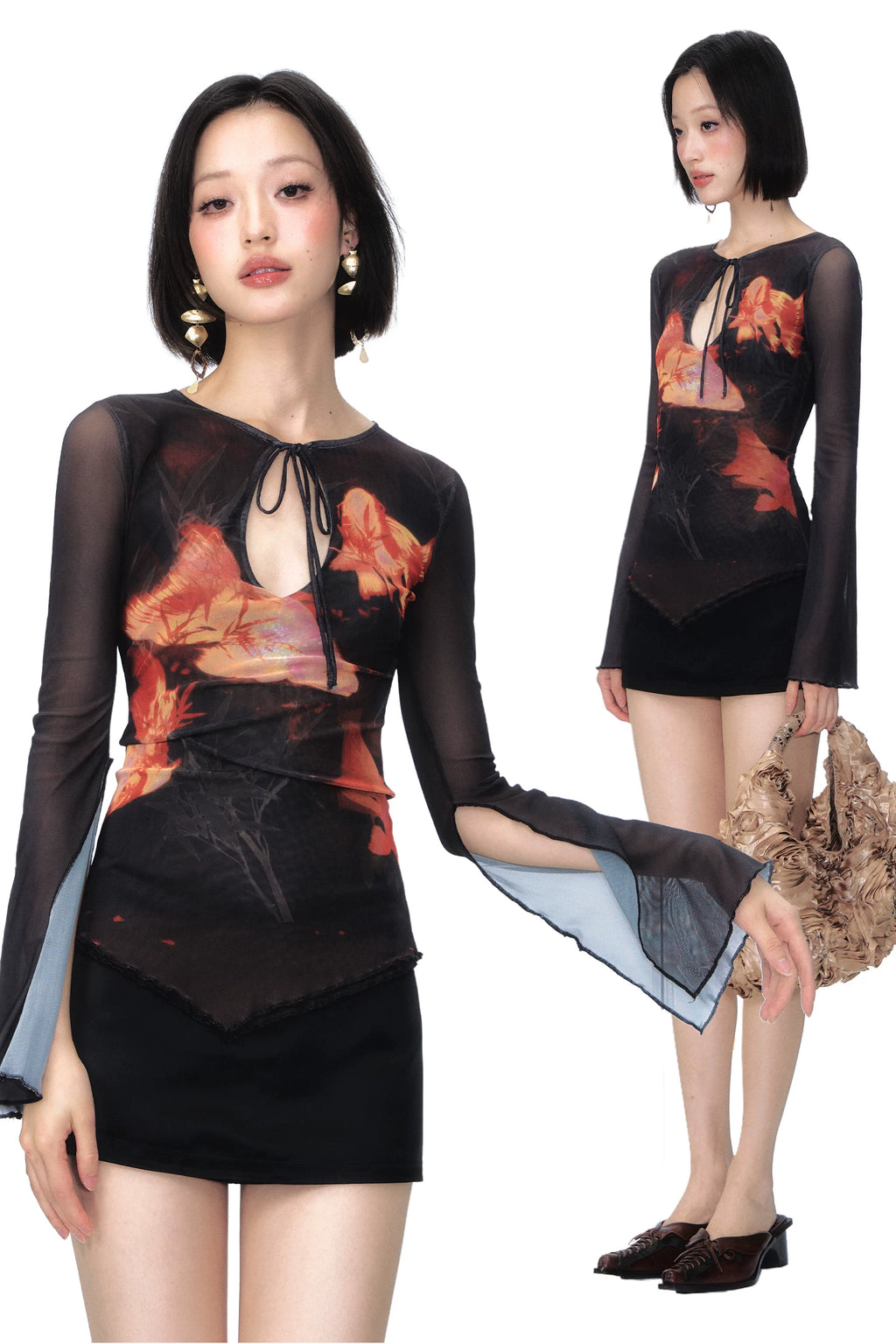YEDM Goldfish Print Fitted Long-Sleeve Top