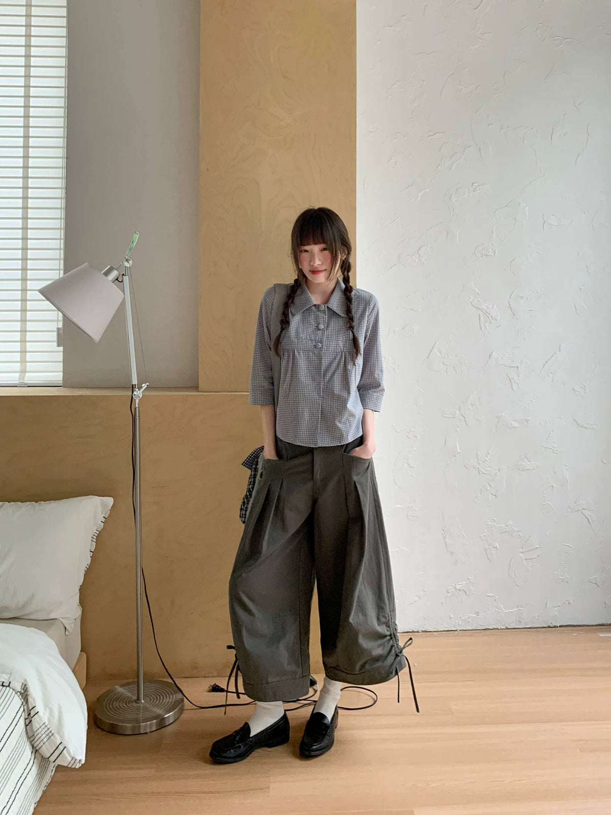 KANO Dark Gray Japanese Relaxed Fit Loose Capri Cargo Pants