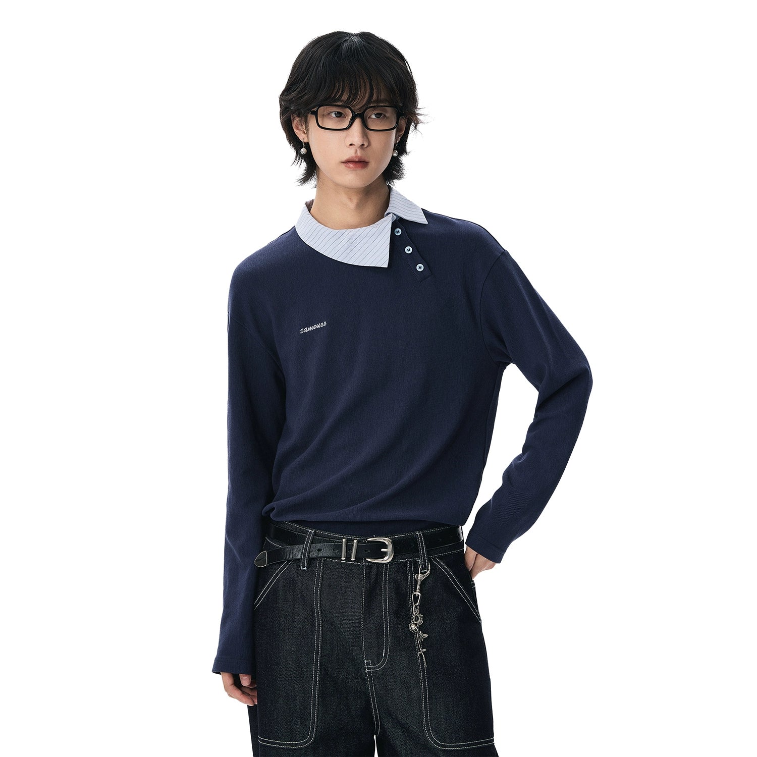 Sameuoo Casual Texture Slant Placket Polo Neck Long Sleeve