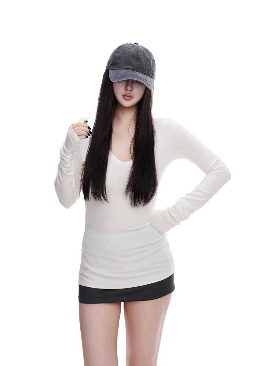 WITHMIN Slim and Thin V-neck Long Sleeves