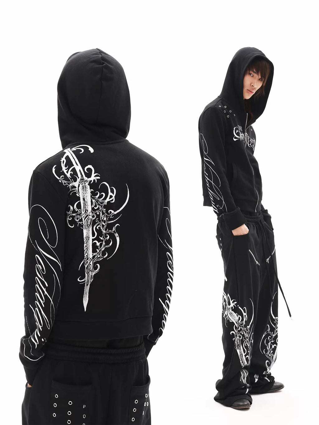 DETW Dark Gothic Long Sword Silver Foil Cropped Hoodie