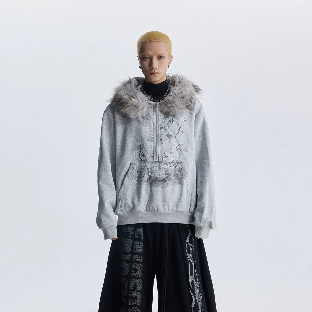 NOMANIAI Hairy Hooded Print Half Zipper Short Sweater